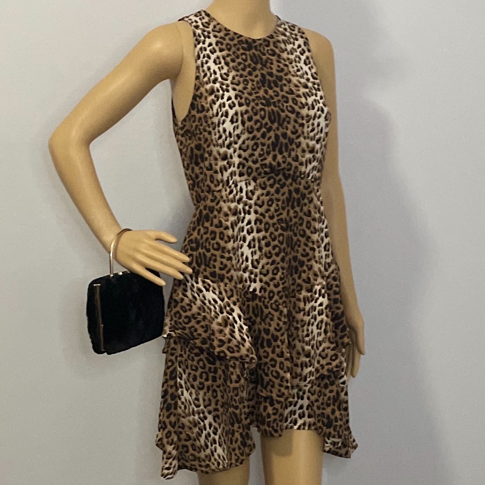 Cheetah print crewneck line sleeveless fit flare asymmetrical ruffled mini dress